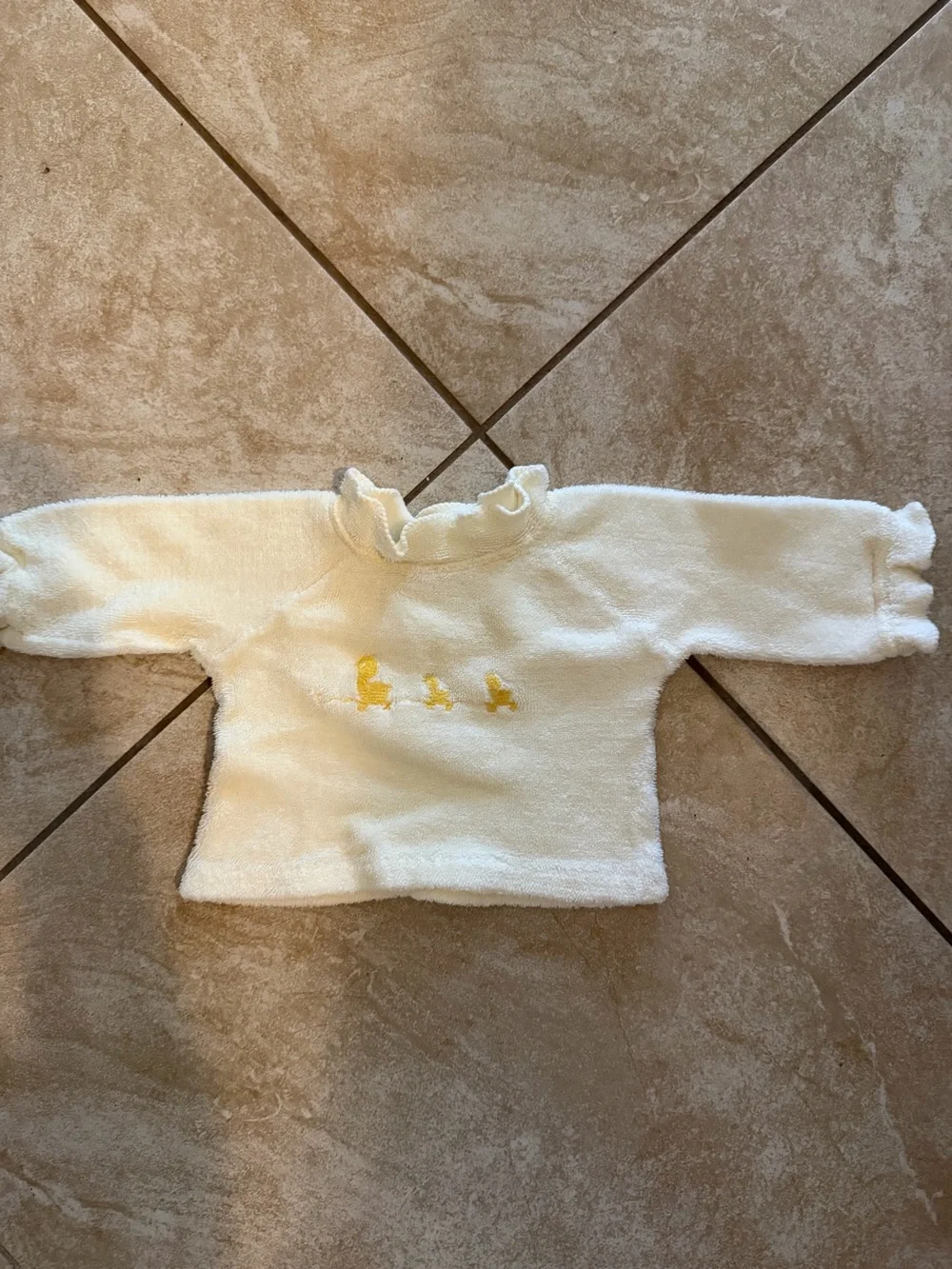 Vintage Carter's Cream Ruffle Neck Terry Top with Yellow Duck Embroidery